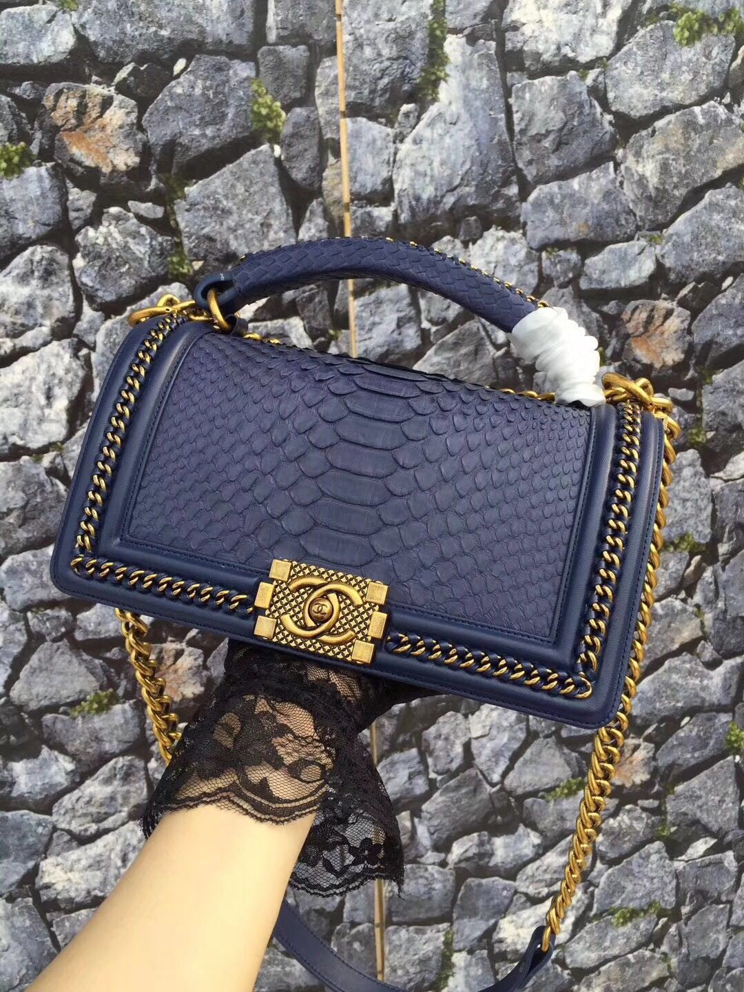 Fake Boy Chanel Flap Shoulder Bag original Snake leather 67086 dark blue HY21720tu77