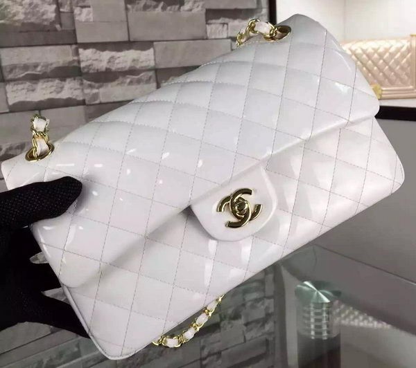 Fake Chanel 2.55 Series Double Flap Bag White Original Patent Leather CF7024 Gold HY23942qZ31