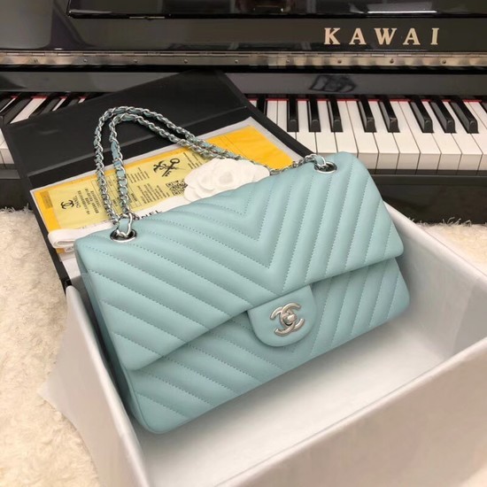 Fake Chanel Classic original Sheepskin Leather Shoulder Bag 1112V Sky blue silver chain HY21825kw88