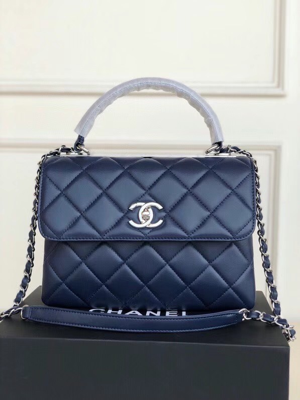 Fake Chanel original lambskin top handle flap bag AS92236 royal blue&silver-Tone Metal HY5520ny77