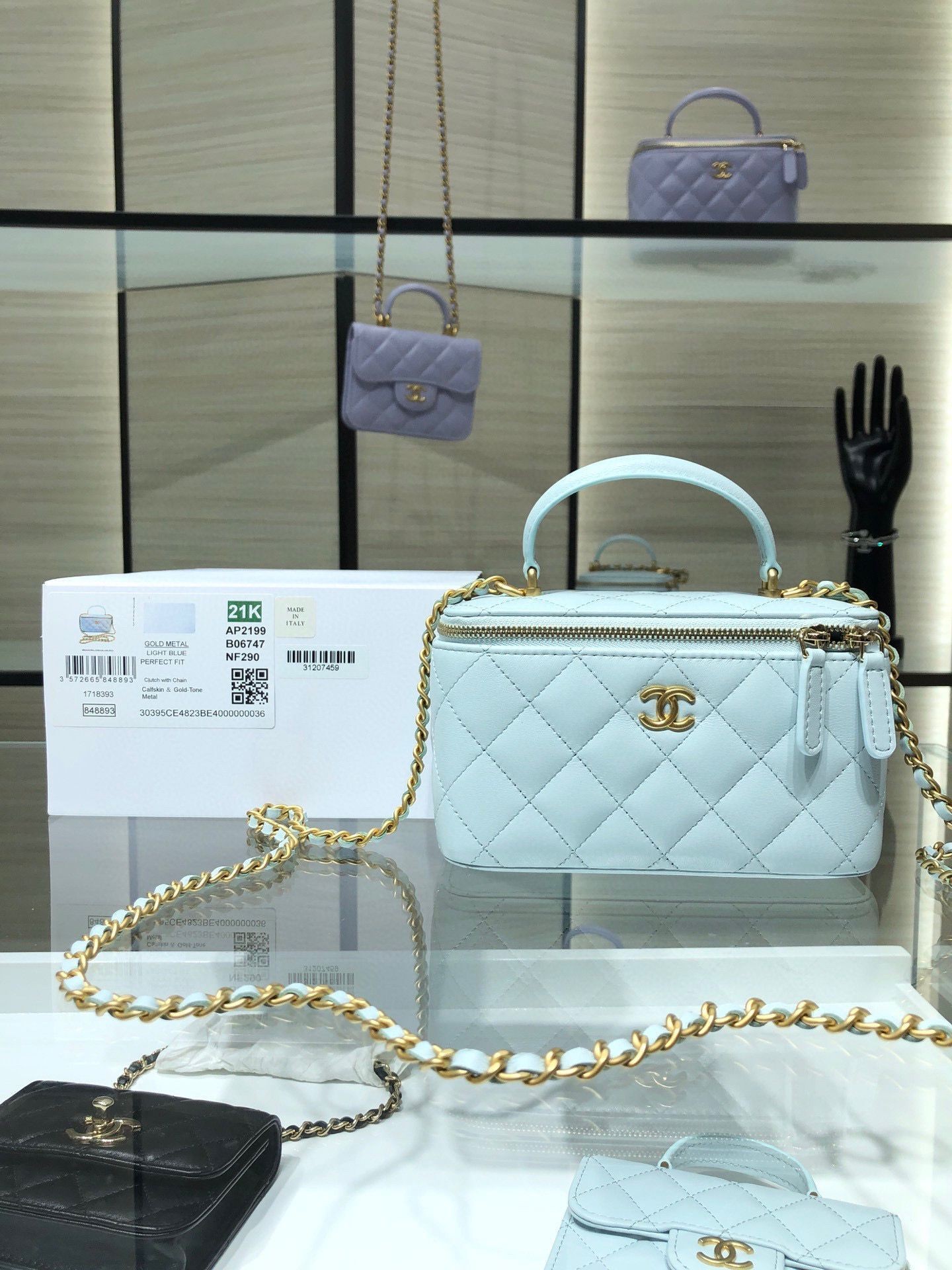 Fake Chanel Original Small classic chain box handbag AP2199 Light Blue HY22297xE84