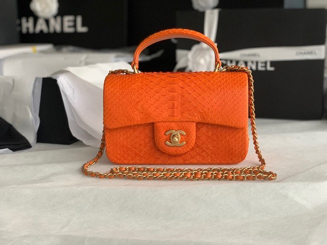 Fake Chanel Snake skin mini flap bag with top handle AS2431 orange HY17000Iw51