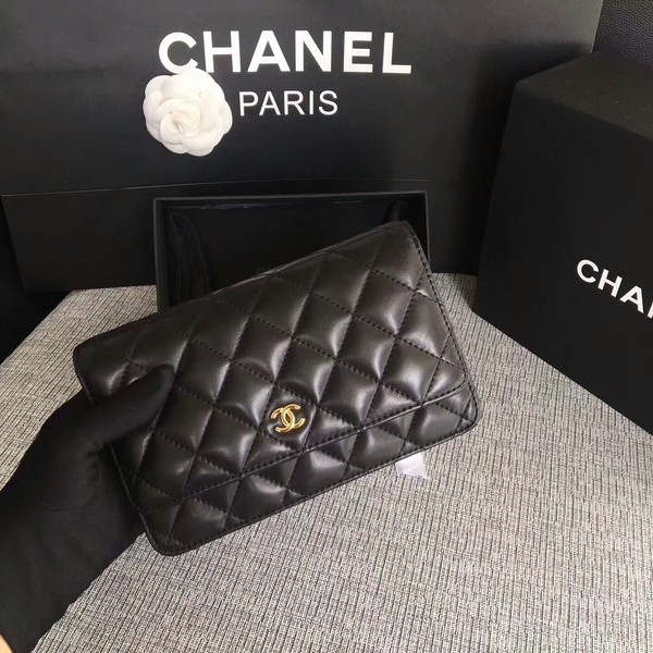 Fake Chanel WOC Flap Bag Black Original Sheepskin Leather 33814 Glod HY8299GR32