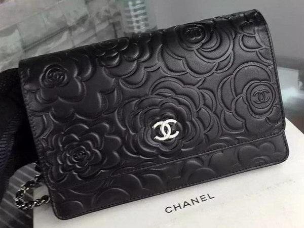 Fake Chanel WOC Flap Bag Original Black Camellia Leather A5373 Silver HY2171QF99