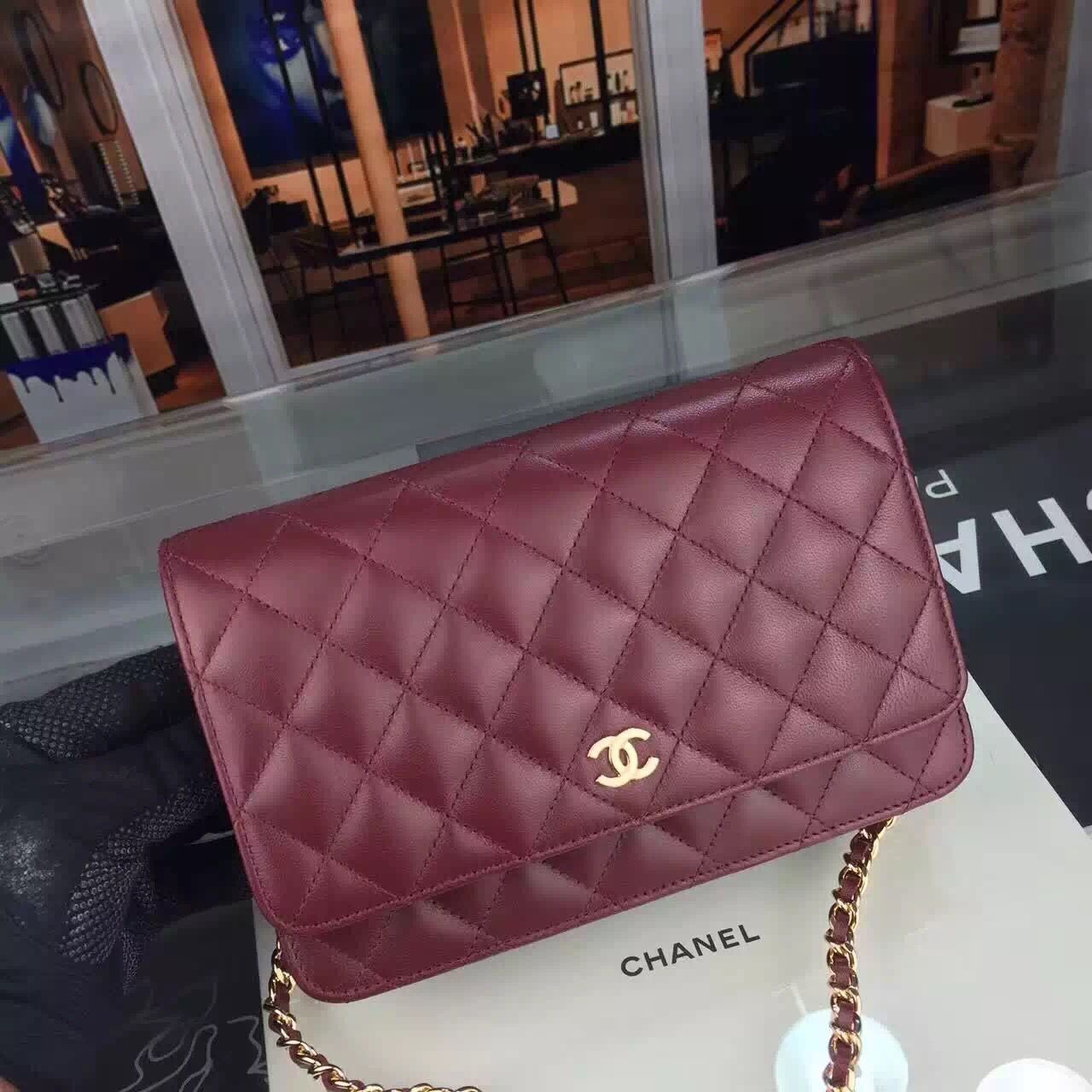 Fake Chanel WOC mini Flap Bag Original Lambskin Leather A5373 Burgundy HY634GR32