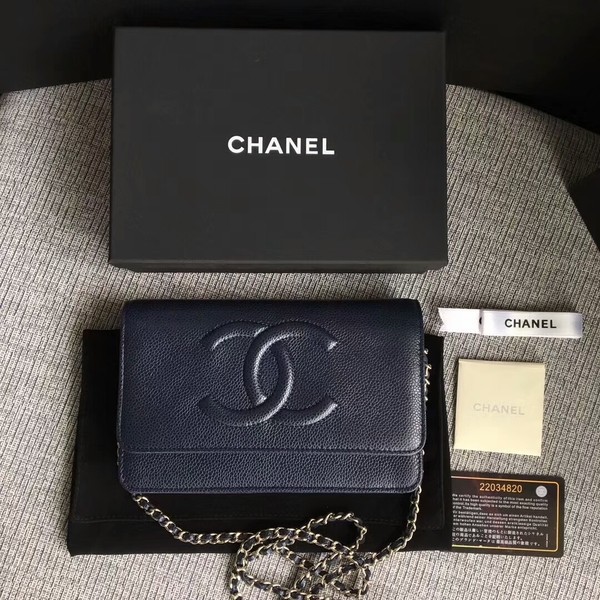 Fake Chanel WOC Original Calfskin Leather Dark Blue Shoulder Bag 33814 Silver HY13715Iw51