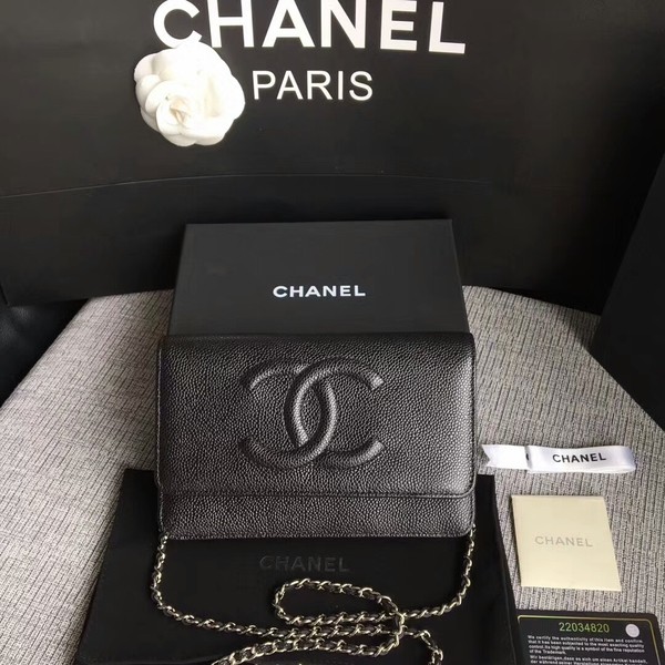 Fashion Chanel WOC Original Calfskin Leather Black Shoulder Bag 33814 Silver HY26025OM51