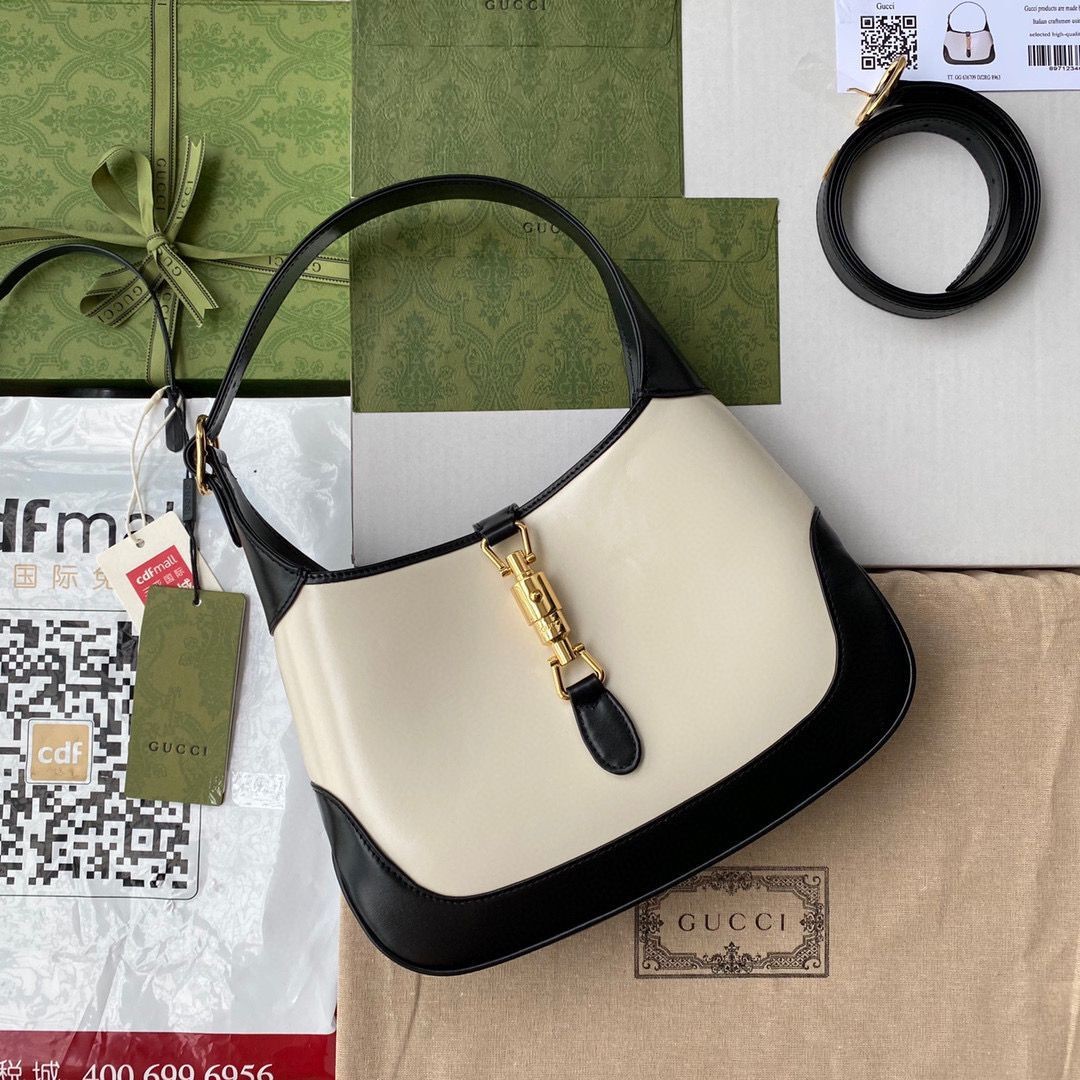 Gucci Vintage Jackie 1961 Original Leather Hobo Bag 636706 White & Black HY6200Jz48
