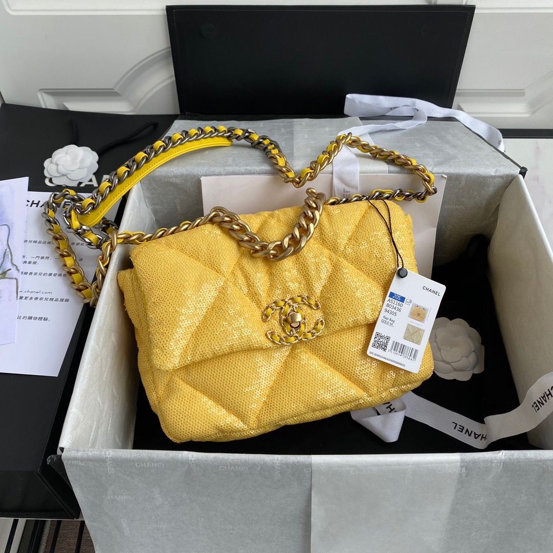 Hot Chanel 19 Flap Bag Original Beads Leather AS1160 Yellow HY7346Nm85