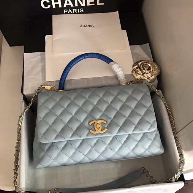 Imitation AAA Chanel original Caviar leather flap bag top handle B92292 light blue&Gold-Tone Metal HY15183RP55
