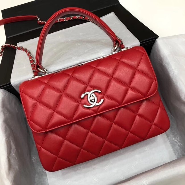 Imitation Chanel CC original lambskin top handle flap bag 92236 red&silver-Tone Metal HY8242Dl40