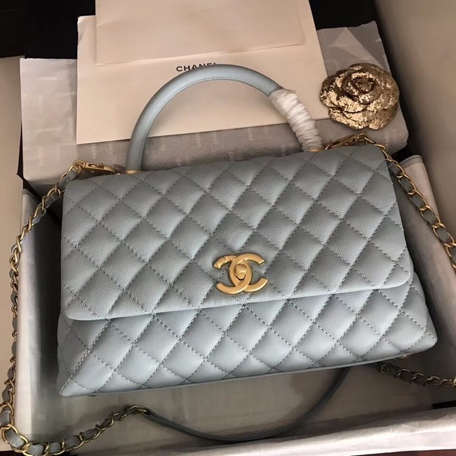 Imitation Chanel original Caviar leather flap bag top handle A92292 light blue&Gold-Tone Metal HY7287SU58
