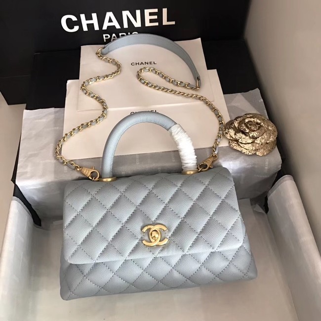 Imitation High Quality Chanel original Caviar leather flap bag top handle A92290 light blue&Gold-Tone Metal HY20608Bo39