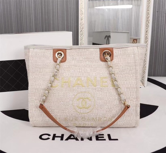 Knockoff AAAAA Chanel Canvas Shopping Bag Calfskin & Silver-Tone Metal A23556 creamy HY17519Jc39