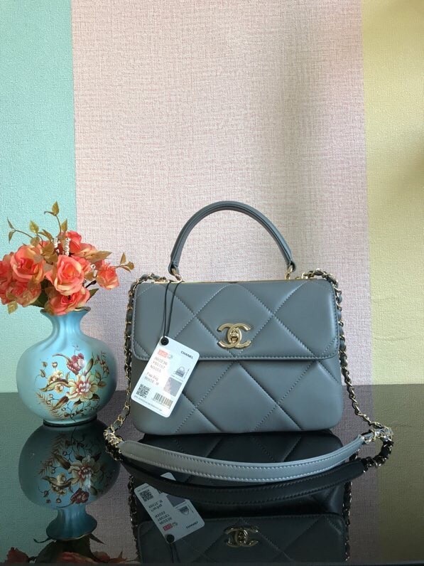 Knockoff Chanel CC original lambskin top handle flap bag A92236 dark gray&Gold-Tone Metal HY18881tU76