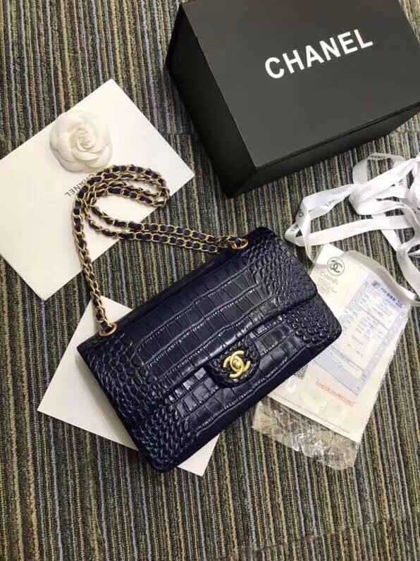 Knockoff Chanel Classic Handbag Original Alligator & Gold-Tone Metal A01112 dark blue HY4462fY84