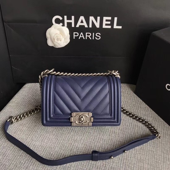 Knockoff Chanel Le Boy Flap Shoulder Bag Original Calf leather A67085 dark blue silver Buckle HY23816NL80