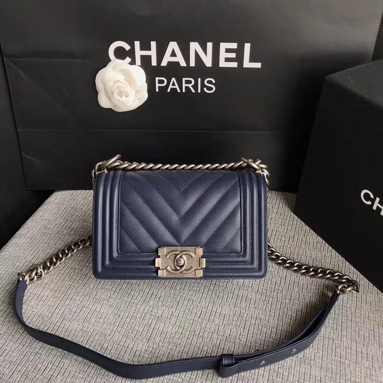 Knockoff Chanel Le Boy Flap Shoulder Bag Original Caviar Leather P67085 dark blue silver Buckle HY25086tU76