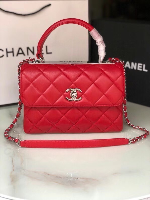 Knockoff Chanel original lambskin top handle flap bag AS92236 red&silver-Tone Metal HY26919eF76