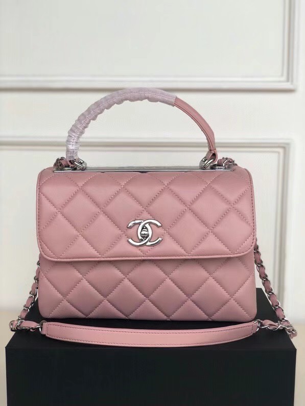 Knockoff High Quality Chanel original lambskin top handle flap bag AS92236 pink&silver-Tone Metal HY3477Lg12