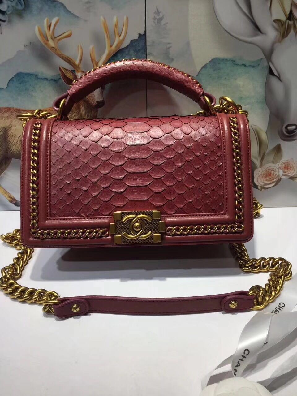 Replica Boy Chanel Flap Shoulder Bag original Snake leather 67086 red HY22177XB19