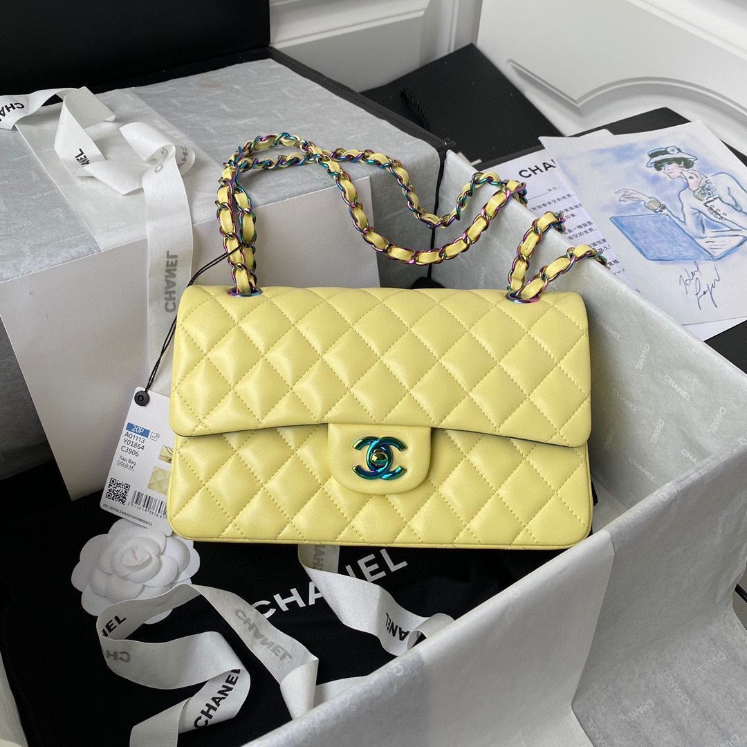 Replica Chanel Classic Flap Shoulder Bag Original Sheepskin leather Colors Buckle Medium A01113 Yellow&Blue HY1808Vi77