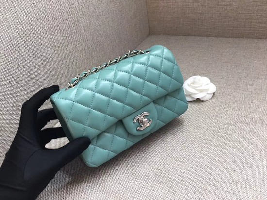 Replica Chanel Classic MINI Flap Bag original Sheepskin Leather A1116 Light blue silver chain HY24858BJ25