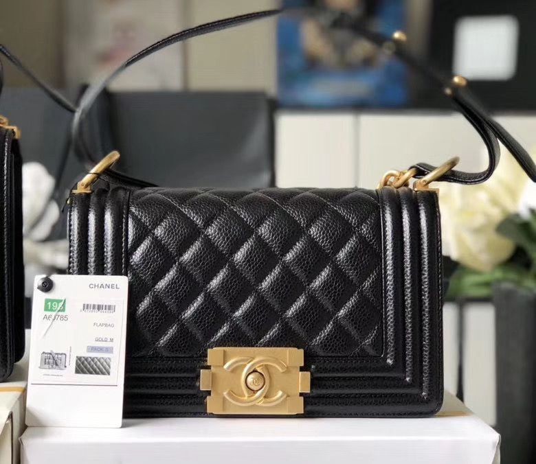 Replica Chanel Le Boy Flap Shoulder Bag Original Cavier Leather A67085 Black Gold Buckle HY25462XB19