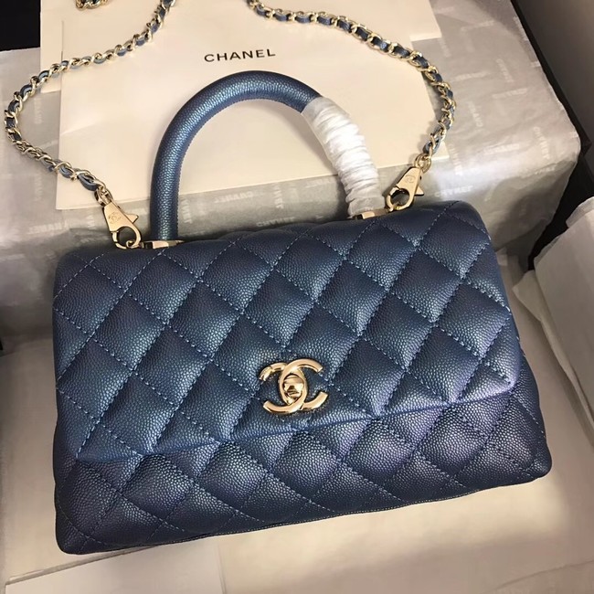 Replica Chanel original Caviar leather flap bag top handle A92290 blue &gold-Tone Metal HY18262YP94
