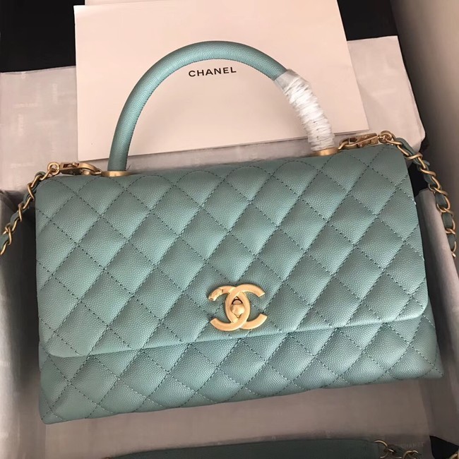 Replica Chanel original Caviar leather flap bag top handle A92292 green &Gold-Tone Metal HY10956KG80