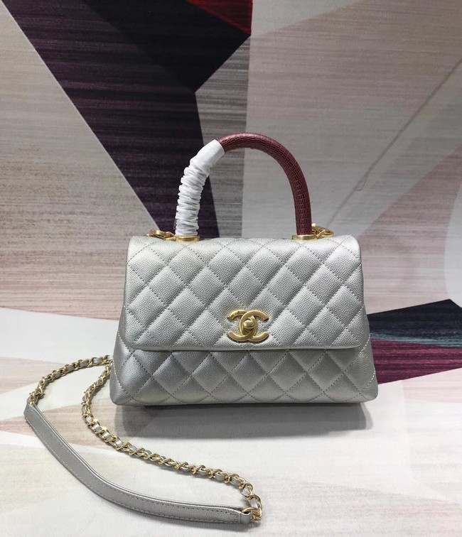 Replica Chanel original Caviar leather flap bag top handle B92290 silvery &gold-Tone Metal HY17097Xe44