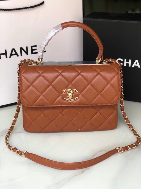 Replica Chanel original lambskin top handle flap bag AS92236 brown&Gold-Tone Metal HY21184Ye83
