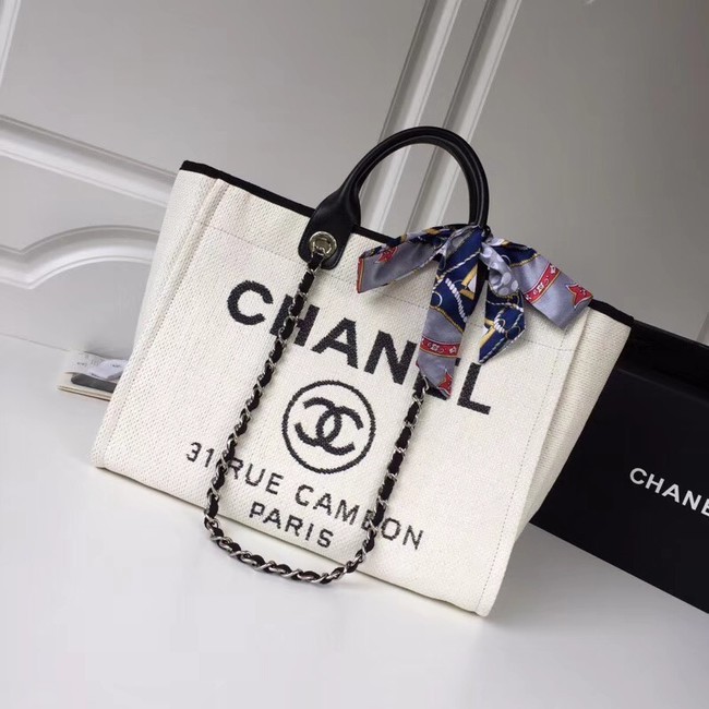 Replica Chanel Original Tote Shopping Bag Canvas Calfskin & Silver-Tone Metal 92298 white HY14506cK54