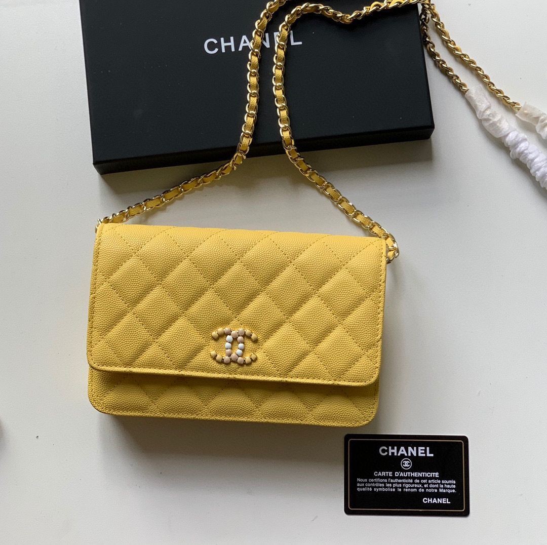Replica Chanel WOC Original Caviar Leather Flap cross-body bag V33818 Yellow HY20945HB48