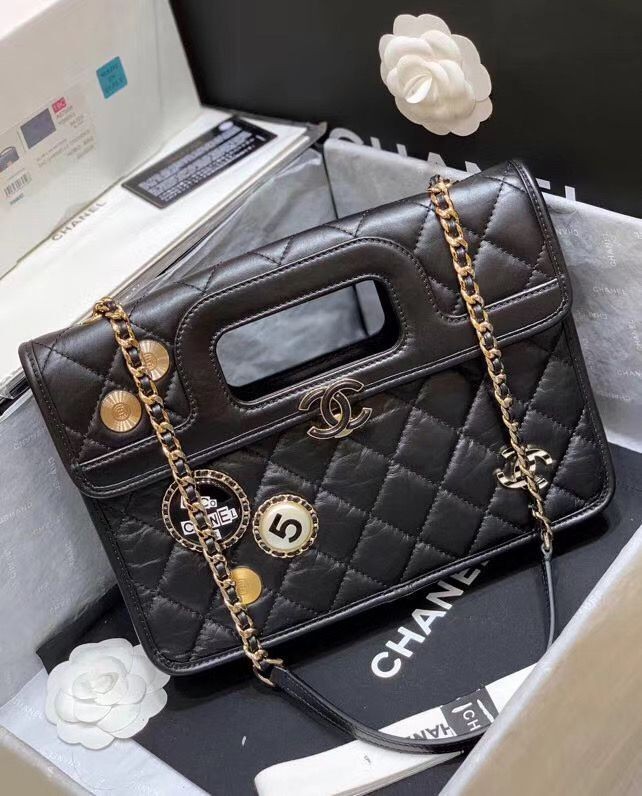 Replica Fashion Chanel Original Soft Leather Bag & Gold-Tone Metal AS1430 Black HY3233HM85