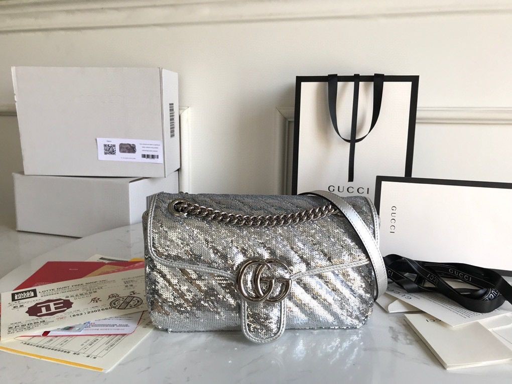 Replica Gucci GG Marmont Sequin Mormont Small Shoulder bag 443497 Silver HY14188zR45