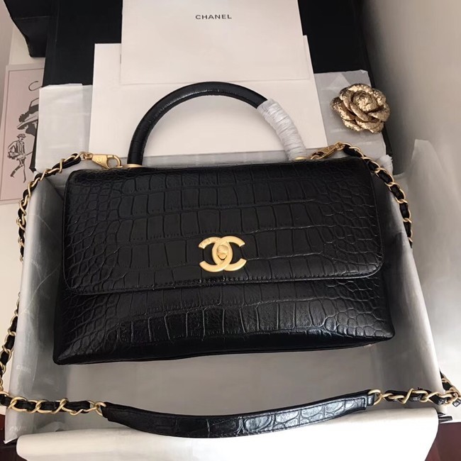 Replica High Quality Chanel original Calfskin flap bag top handle A92292 black &gold-Tone Metal HY56Jh90