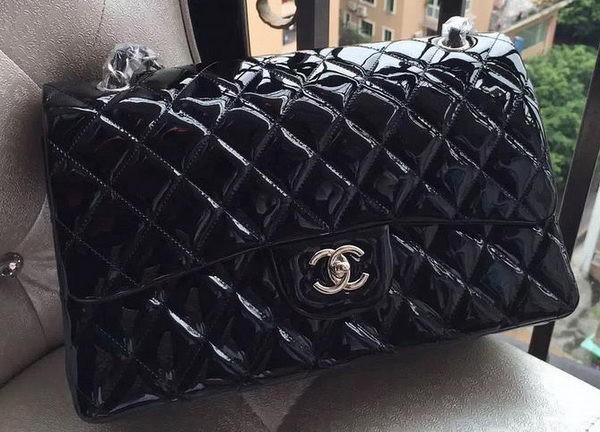 Replica Top Chanel Classic Flap Bag Black Original Patent Leather A1113 Silver HY14179Vx24