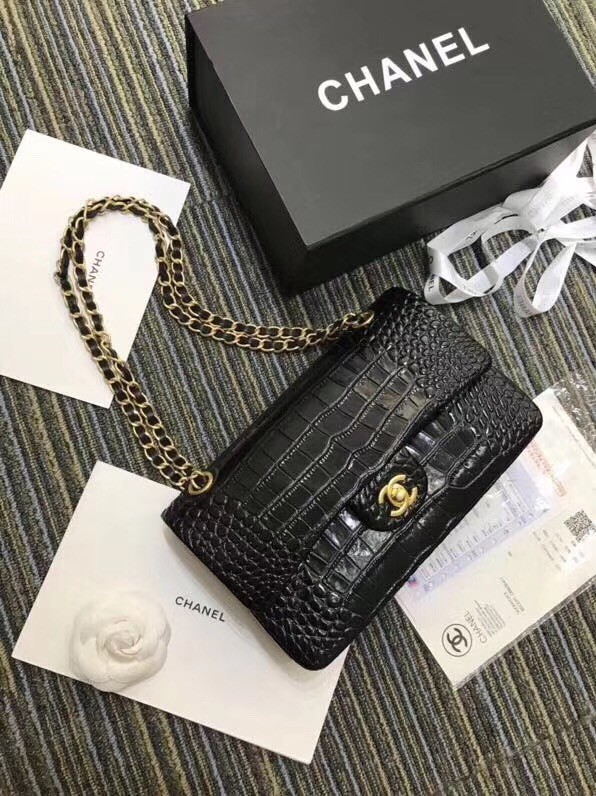 Replica Top Chanel Classic Handbag Original Alligator & Gold-Tone Metal A01112 black HY23565ll80
