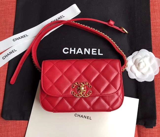 Top Chanel Original Sheepskin Leather Belt Bag Red 33866 Gold HY24517lE56
