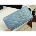 Chanel Calfskin Leather Card packet & Gold-Tone Metal A81598 light blue HY26345Wi77