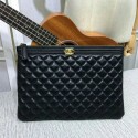 Chanel Clutch Bag Black Sheepskin Leather 7010 Gold HY22141Cw85