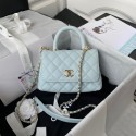 Chanel flap bag with top handle Grained Calfskin gold-Tone Metal AS2215 light blue HY2942vX33