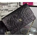 Chanel WOC Flap Bag Original Black Camellia Leather A5373 Gold HY17015KX86