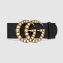 Gucci Wide leather belt with pearl Double G 453261 black HY25343Ri95