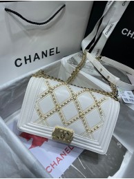 BOY CHANEL Handbag Crumpled Calfskin & Gold-Tone Metal A67086 white HY896nV16
