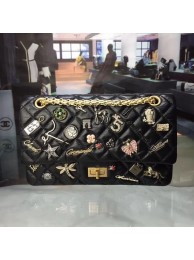 Chanel 2.55 Handbag Aged Calfskin Charms & Gold-Tone Metal A37586 Black HY24155Wi77