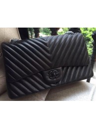 Chanel Classic Flap Bag Black Sheepskin Chevron Quilting A1113 Silver HY11955nB26