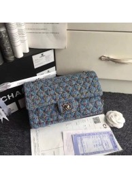 Chanel Classic Handbag Embroidered Tweed & Silver-Tone Metal A01112 blue HY549Xp72