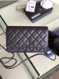 Chanel classic wallet on chain Grained Calfskin & Silver-Tone Metal 33814 Pearlescent black HY1197Lo54